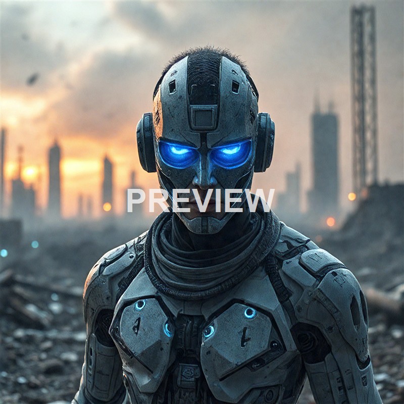 A futuristic humanoid robot with glowing blue eyes in a dystopian cityscape during sunset, surrounded by destroyed buildings and rubble.